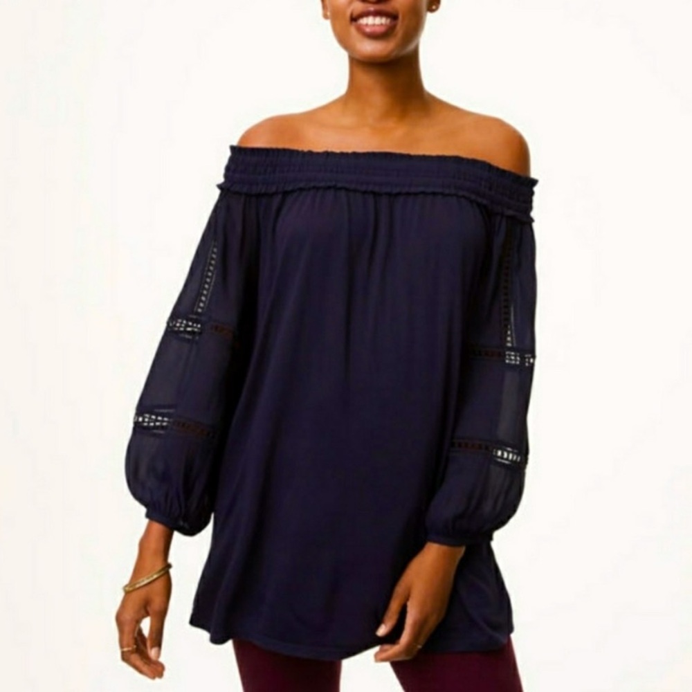 LOFT Navy Blue Off-the-Shoulder Top XS Balloon Sleeve Crochet Lace Boho Blouse